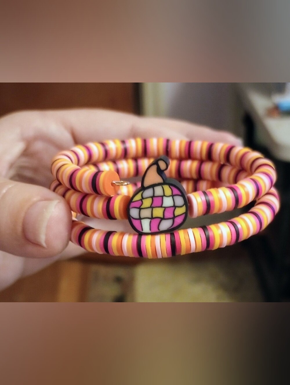 Pink Orange Yellow Beaded Coil Bracelet with Retro Pumpkin Charm